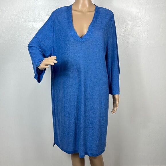 J. Jill Blue Linen Blend V-neck 3/4 Sleeves Tunic Top Size XLP - Picture 1 of 10